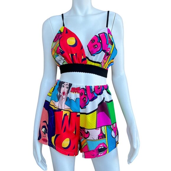 Comc Book Print 2pc Stretch Waist Short & Top Sz S... - Picture 2 of 6